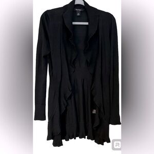 White House Black Market Cardigan Open Front Black Silk Blend Ruffled Hem Size S